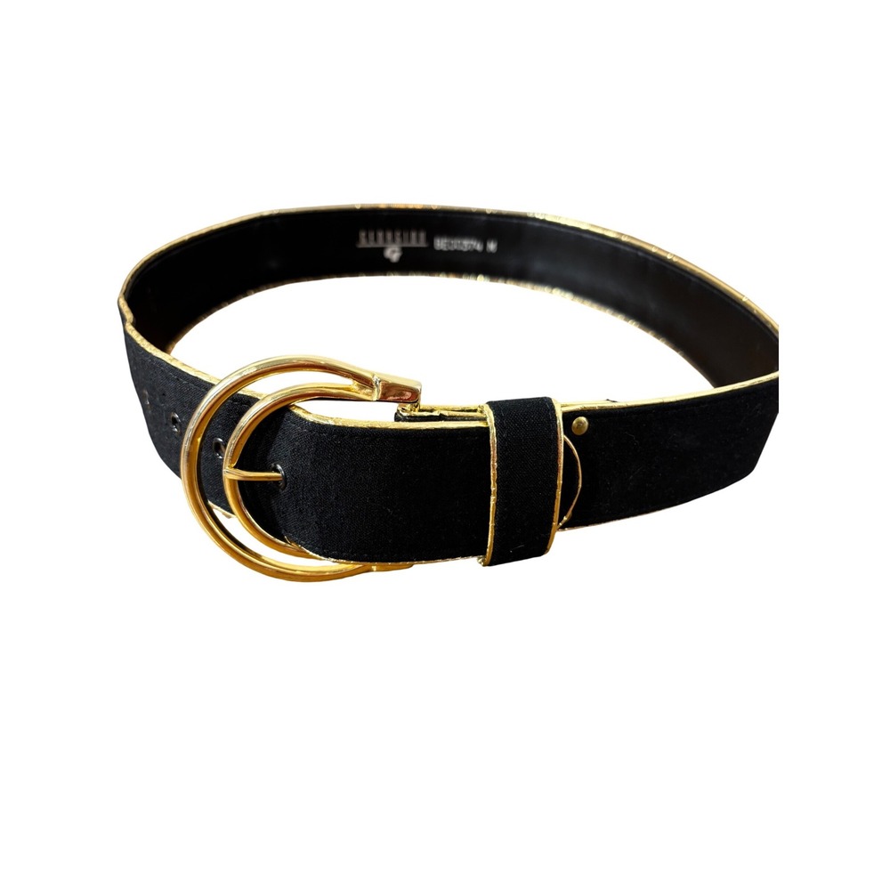 Georgiou Vintage Black Gold Trim Double Ring Buckle Belt BE00374 Medium